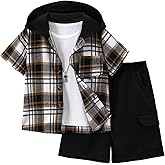 Fdqin Boys Clothes Shorts Sets Plaid Short Sleeve Hooded Button Shirt and Jogger Shorts for Kids Summer Outfits