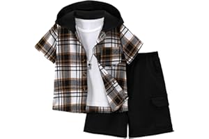 Fdqin Boys Clothes Shorts Sets Plaid Short Sleeve Hooded Button Shirt and Jogger Shorts for Kids Summer Outfits