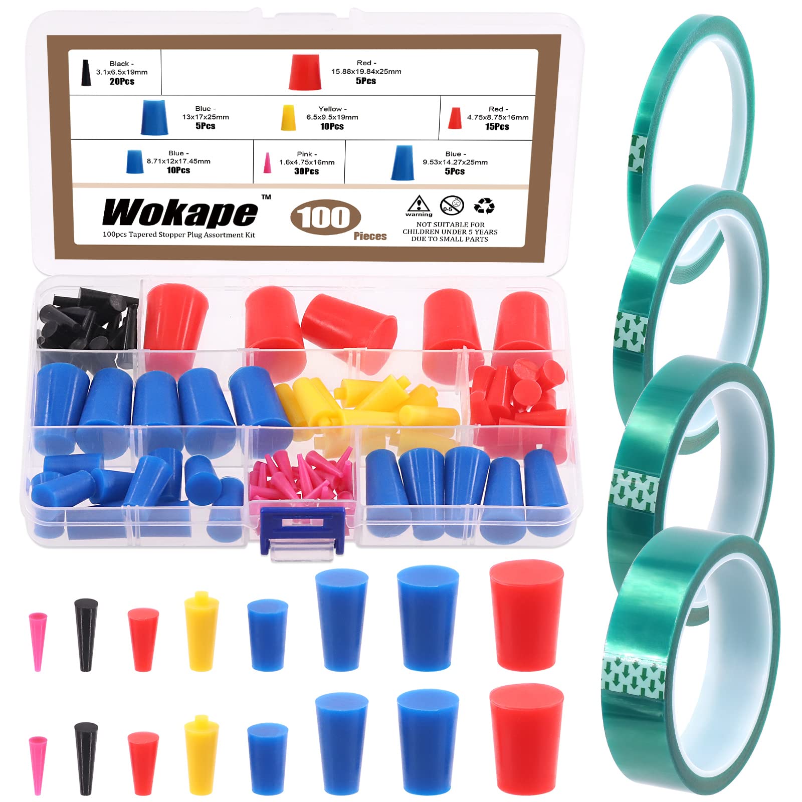 Wokape 115Pcs High Temp Silicone Rubber Protective Tapered Plug Assortment Kit with 36 Yards 4 Sizes 1/4",1/2", 7/10", 1" Green Powder Coating Masking PET Tape for Painting, Powder Coating