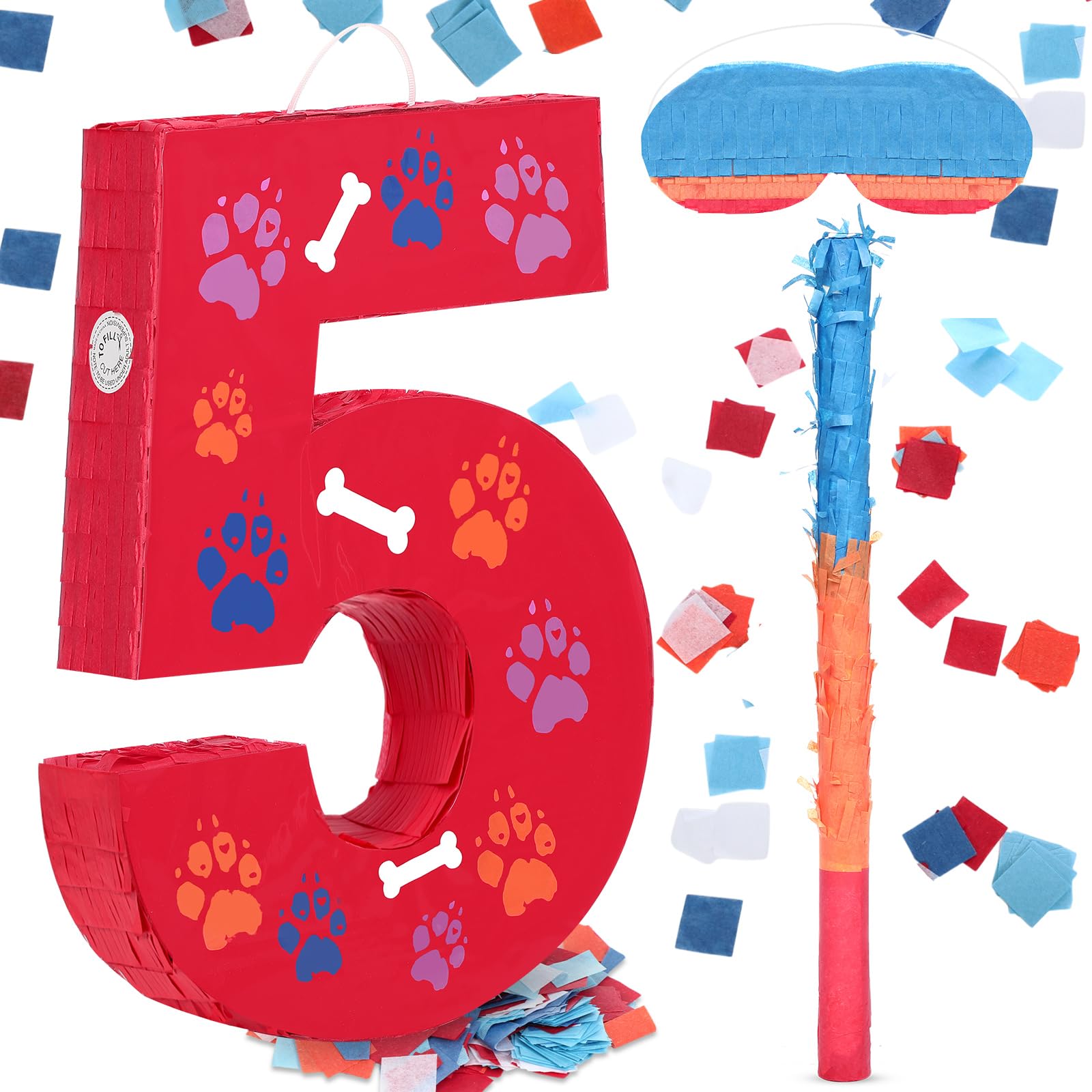 Photo 1 of Hiboom 13.7 Inch Dog Paw Red Piñata 5th Birthday Party Decoration Piñata with 9.8 Inch Stick Blindfold Confetti Number 3 4 5 Birthday Themed Gifts for Kid Boy Girl Fun Dog Footprints Bone Photo Prop