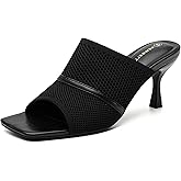 NEWBELLA Mousse Fit Women's Mesh Heeled Sandals, Square Open Toe Heeled Mules for Women, Commute Slip On Stiletto Heeled Slides