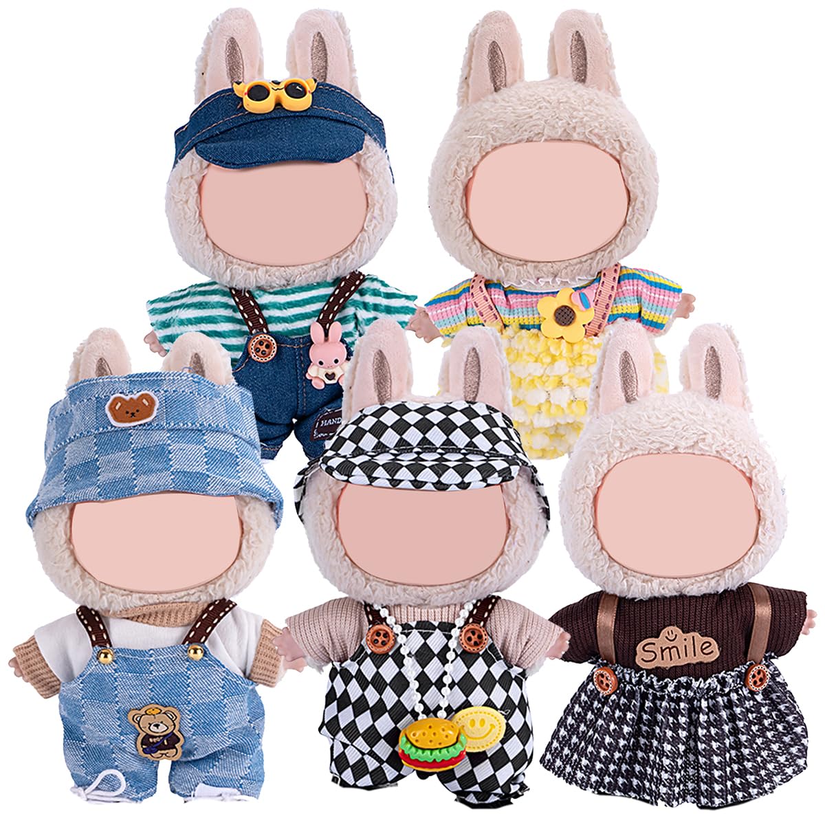 Photo 1 of 17cm Doll Clothes 5 Sets, Hat & Overalls Dress Up Outfit Compatible for Labubu 17cm 15cm Accessories, No Doll Included