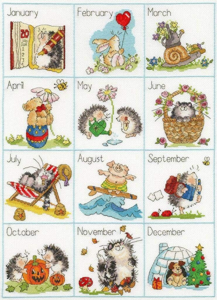 Bothy Threads Cross Stitch Kit - Calendar Creatures, White, 31cm by 41cm