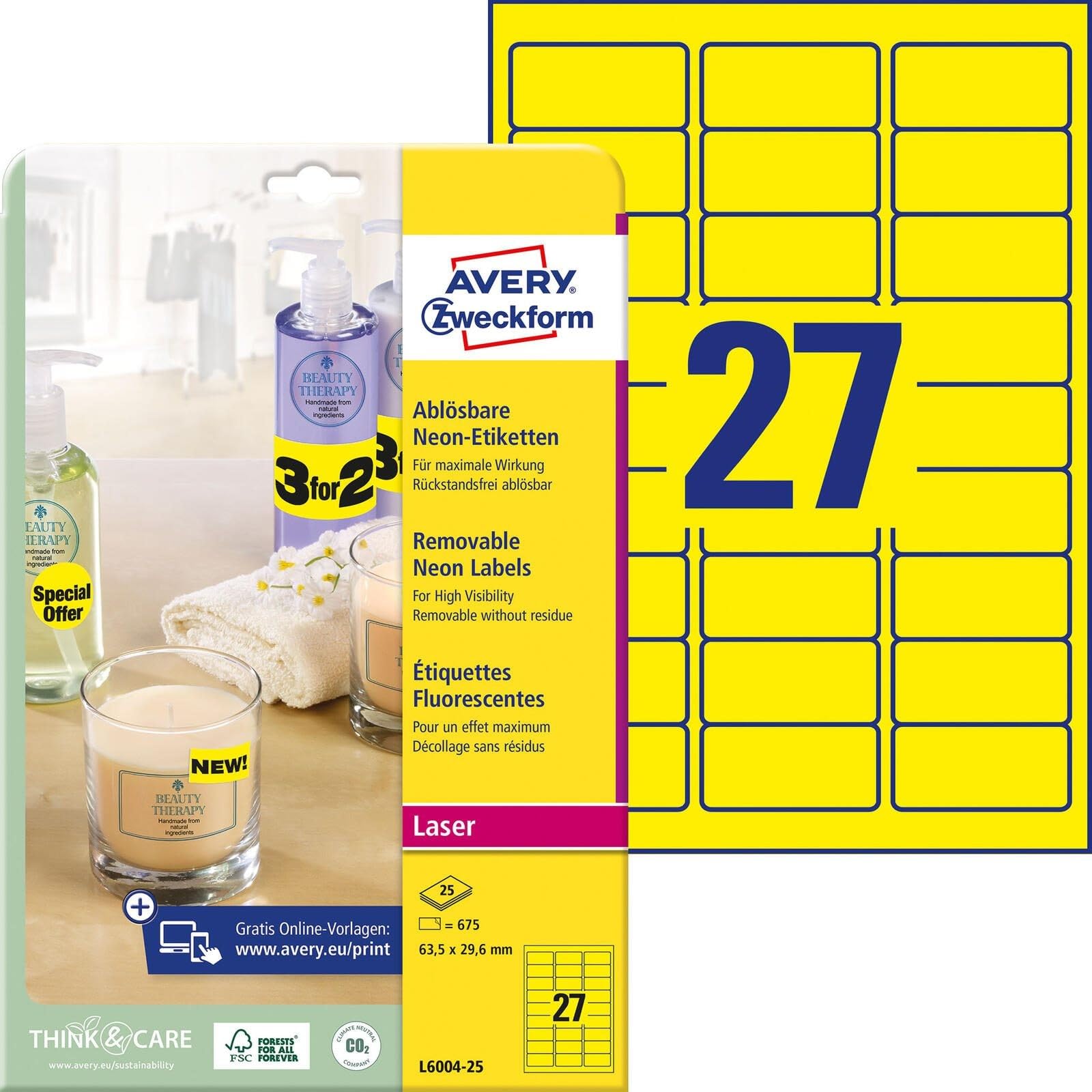 Avery Zweckform L6004-25 Labels 63.5 x 29.6 mm Pack of 675 Neon Yellow