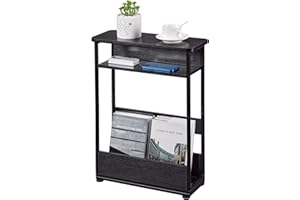 YEAKOO Vintage Narrow Side Table with Storage Shelf, 3 Tier Slim End Table Modern Sofa Table for Narrow and Small Spaces, 24.6 Inch Height Bedside Table Small Nightstand with Magazine Rack/Black