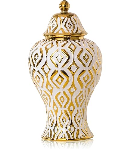 Jarrón De Cerámica De Jengibre De 18 Pulgadas, Patrón De Rayas Galvanizado, Borde Dorado, Tarro De Jengibre Blanco, Jarrón Decorativo Con Tapa, Adecuado Para El Hogar, Oficina, Mesa, Sala De Estar