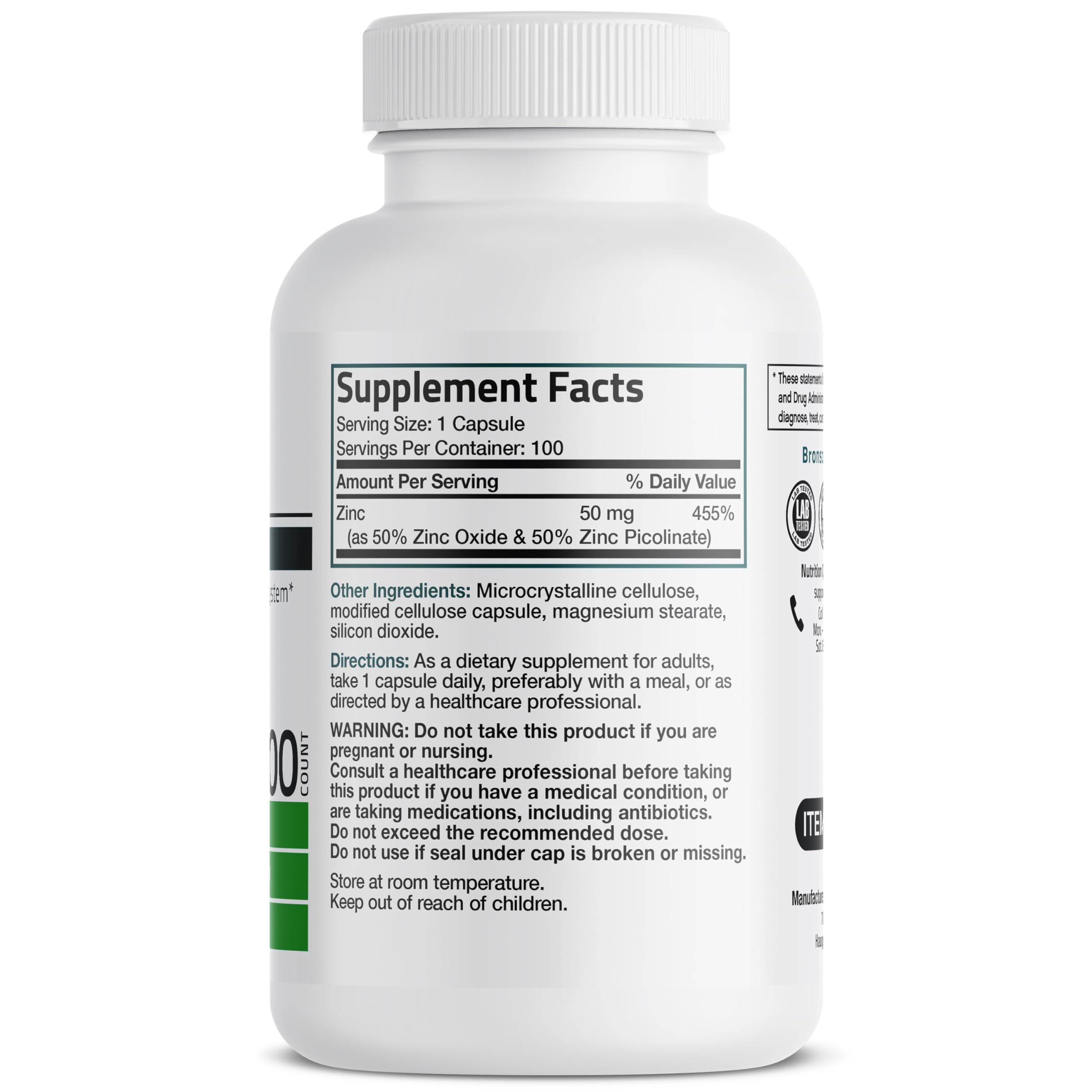 Bronson Zinc 50mg Complex High Potency Immune Support Supplement & Antioxidant and Skin Health - Non GMO, 100 Vegetarian Capsules