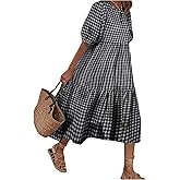 Milumia Women's Plus Size Retro Puff Sleeve Plaid Dress Round Neck Vintage Tiered Midi Dresses