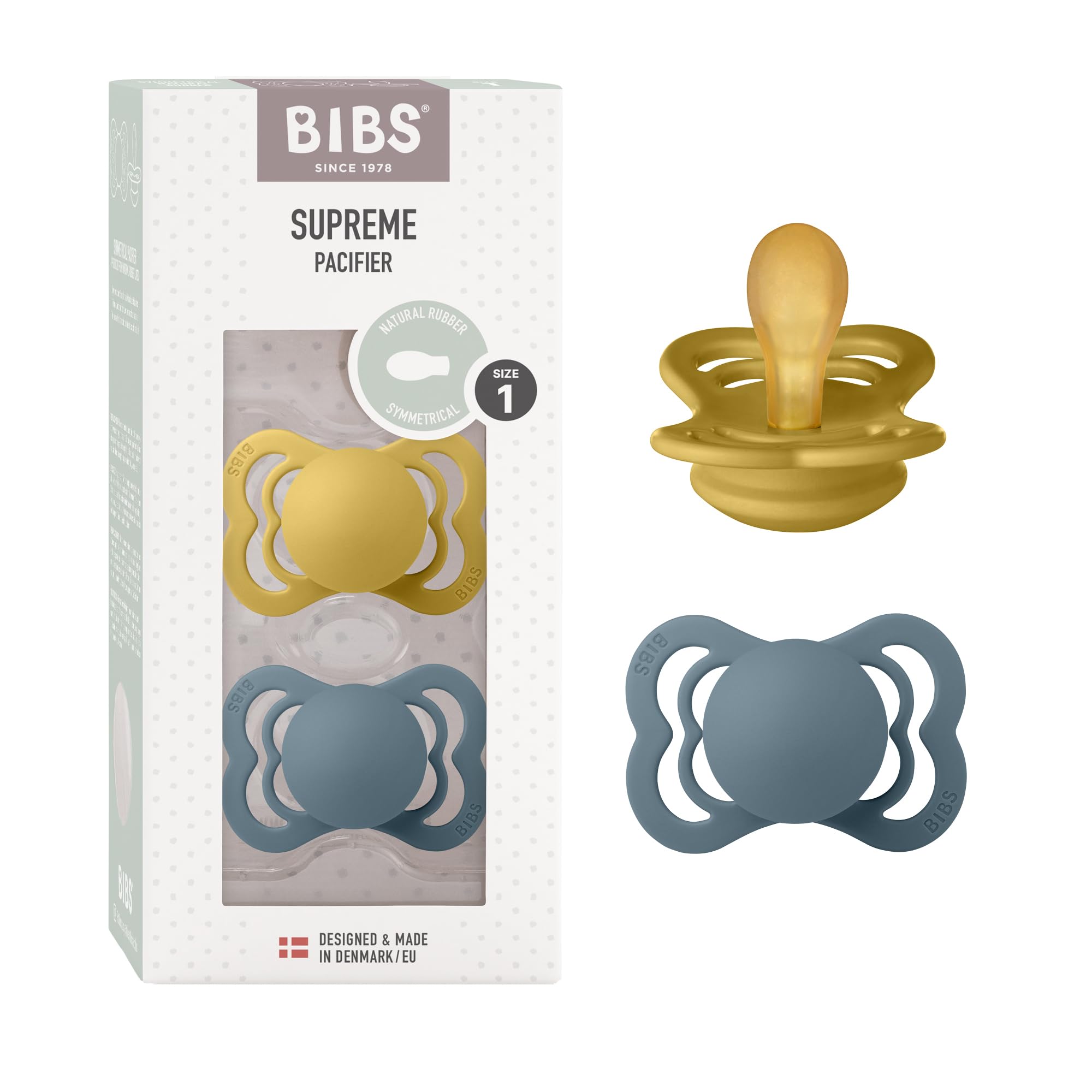 BIBS Supreme Soother 2-Pack, BPA Free Dummy Pacifier, Symmetrical Nipple. Natural Rubber Latex, Size 1 (0-6 Months), Mustard/Petrol