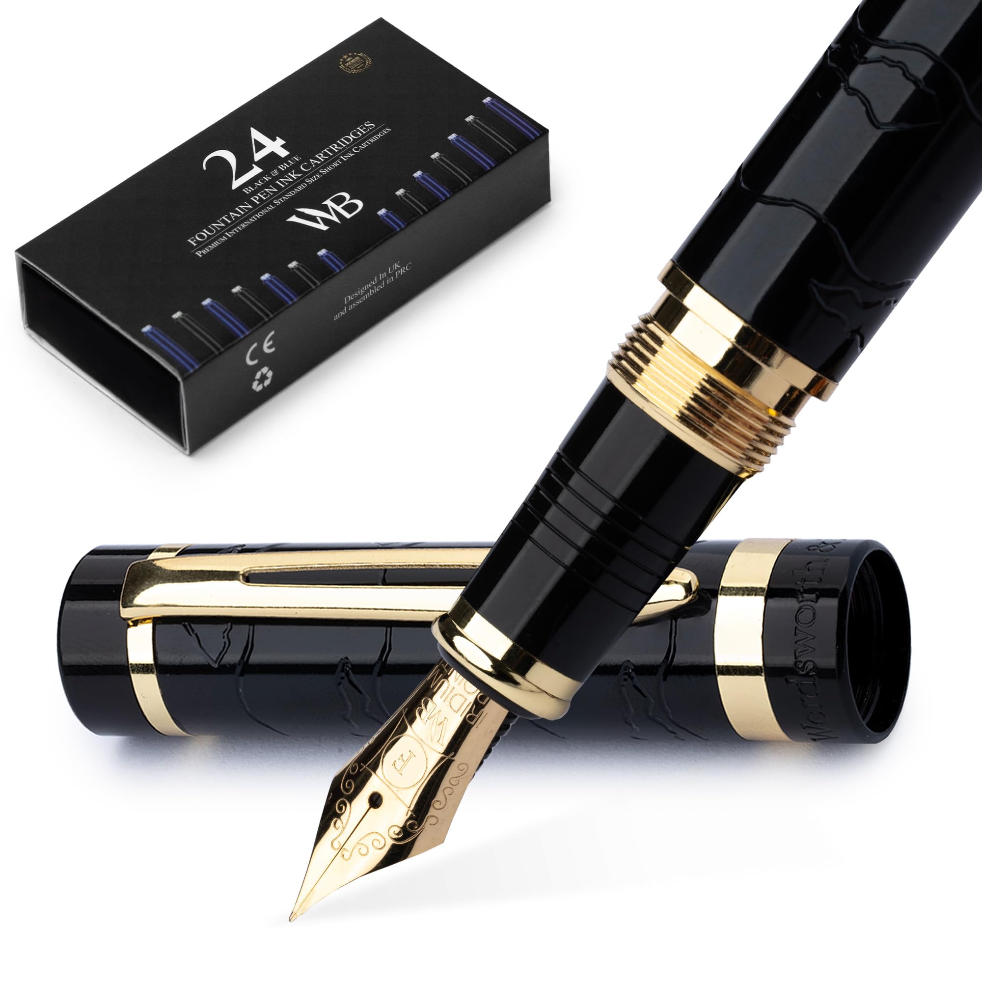 Wordsworth & Black Primori Fountain Pen Set [Black Gold]; Fine Nib, Gift Case, 24 Ink Cartridges, Refill Converter, Manual; Journaling, Calligraphy, Smooth Writing Pens; Left and Right Handed — image 1