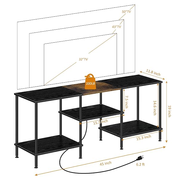 BTY FARMHOUSE TV STAND WITH STORAGE INDUSTRIAL TV CONSOLE WITH POWER OUTLET, 45 INCH WOODEN TV ENTERTAINMENT CENTE FOR LIVING ROOM, BEDROOM, SMALL SPACE, GREY