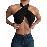 Mokoru Women's Sexy Sleeveless Halter Criss Cross Tank Crop Tops Self Tie Backless Cami