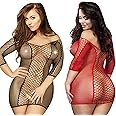 LOVELYBOBO 2 Pack Plus Size Women's Seamless Fishnet Chemise Sexy Lingerie Mesh Hole Full Length Sleeves Babydoll (Black+red)