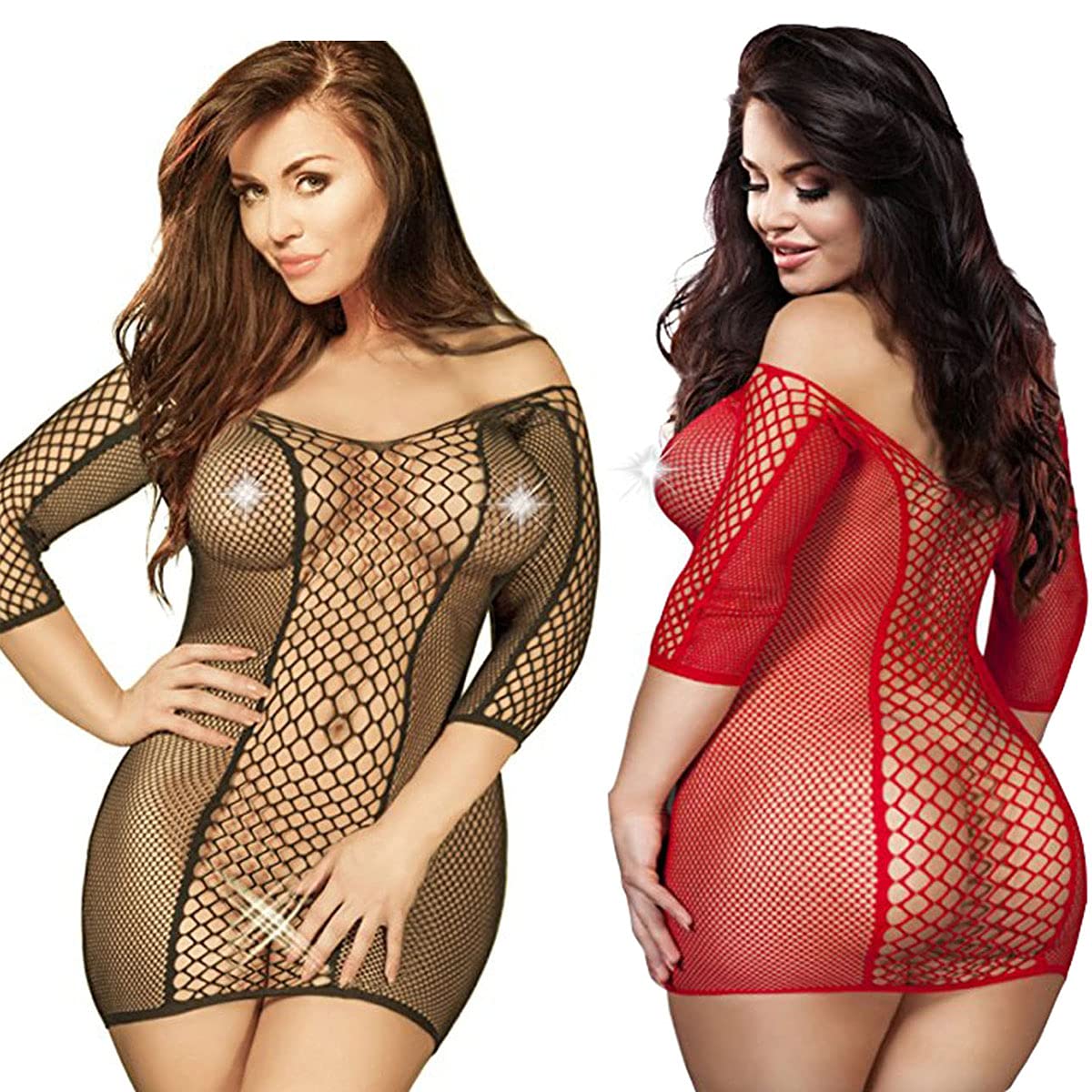 LOVELYBOBO 2 Pack Plus Size Women's Seamless Hollow Out Fishnet Chemise Sexy Lingerie Mesh Hole Minidress Slimming Stretchy Dress Babydoll (black+red)