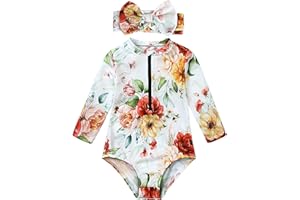 Happy Cherry Newborn Baby Printed Rash Guard Set 2 Piece Monokini Headband Swimwear Set Long Sleeve Zipper Swimsuit 6-12M