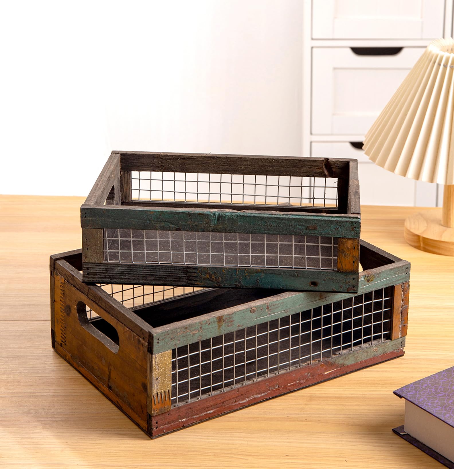 Photo 1 of TIMRIS Set of 2 Rustic Wooden Countertop Baskets, Farmhouse Distressed Nesting Boxes, Small Decorative Wooden Storage Crates, Reclaimed Wood Organizer Baskets with Wire Mesh (Random)