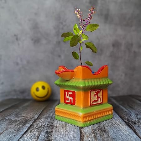 SHREE ENTERPRISES Ceramic Tulsi Pot for Home Without Plant (Small/9 x 9 x 12 cm, Green)