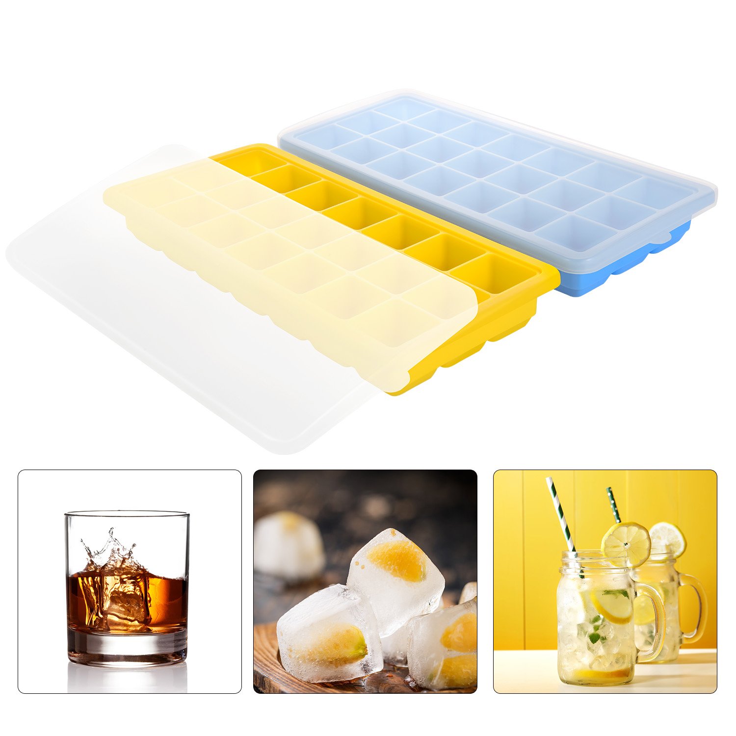 Adoric 2 Set silicone Ice Cubes Molds with Lids - Blue & Yellow