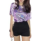 ANKOMINA Women Teen Girls Shiny Glitter Metallic T Shirt Tank Tops Holographic Rave Festival Party Blouse