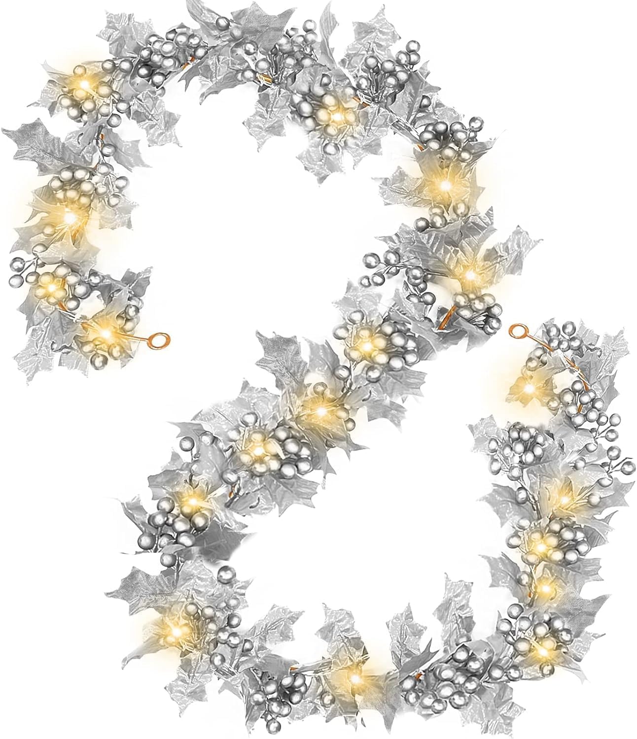 Photo 1 of [Timer & Lighted] 6 Ft Silver Berry Garland Christmas Garland with 20 Warm White Lights Holly Leaves Artificial Xmas Garland Christmas Decorations for Home Winter Holiday Table Mantle Fireplace Stairs