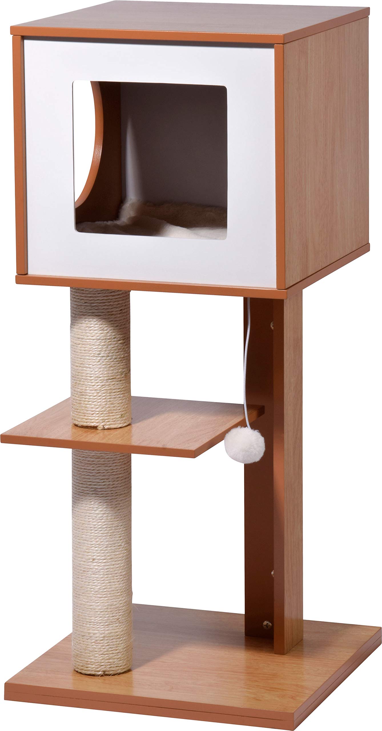 dobar® 35279FSCe Susy Cat Scratching Post with Scratching Post and Play Ball, Cat Cave with Fluffy Cat Bed, 49 x 40 x 91 cm, Brown/White