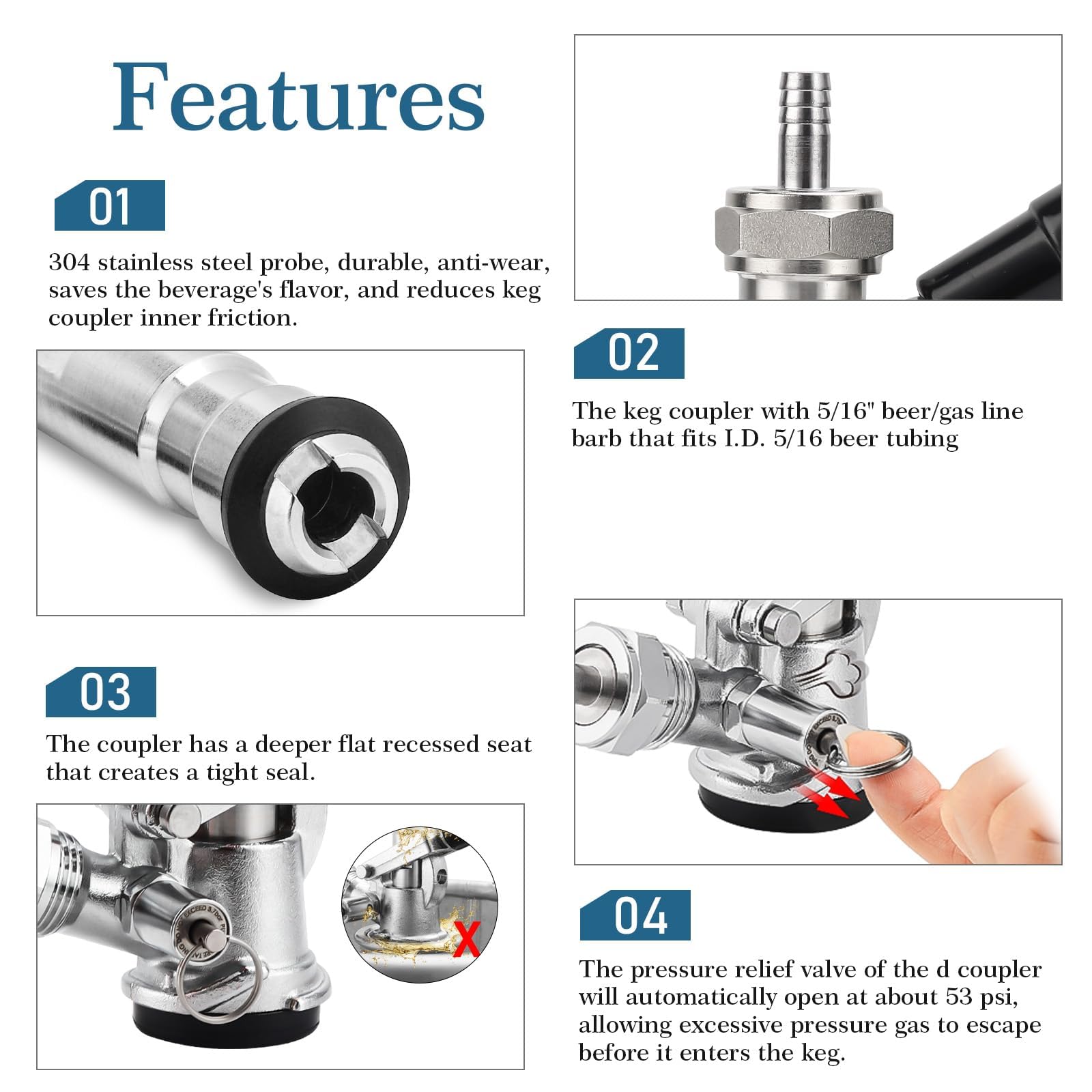 Keg Coupler 304 Stainless Steel Probe Sankey Keg Coupler D System Keg Tap for Kegerator 5/16 Barbs G5/8 Nuts US Sanke D Beer Coupler Beer Keg Coupler D Coupler Keg Tap for Beer