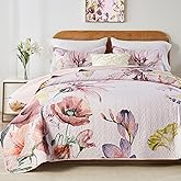 Yogeneg Full Queen Size Quilt Set,Elegant Floral Botanical Pattern Pink Bedding Set,3 Piece Lightweight Soft Summer Bedspread Coverlet with 2 PIillow Sham for All Season(Blush Floral,90"x96")