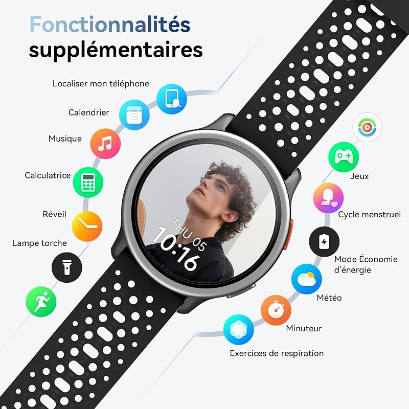 Montre Connectée Femme Homme Ronde 1,27'' HD Smartwatch 2 Bracelets, Appels Bluetooth, 120+ Modes Sportifs, Étanche, Suivi Santé et Activité Compatible pour Samsung iPhone Android iOS Noir — photo 8 sur 8