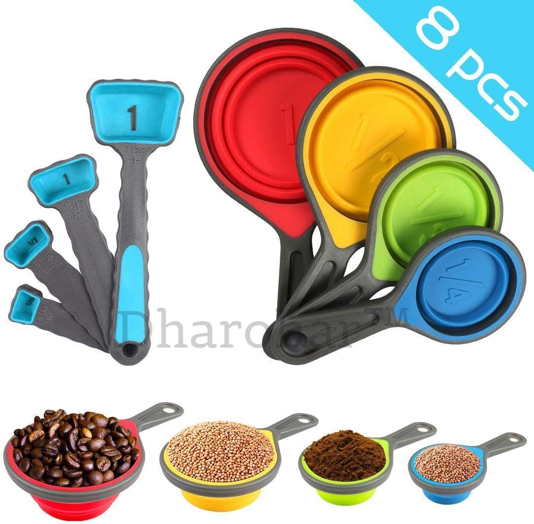 Dharohar™ Collapsible Measuring Cups & Spoons Set for Cooking and Baking, BPA Free Silicone Space Saving Kitchen Utensils, Accurate Measurements for Liquid and Dry Ingredients, 8 Piece Set