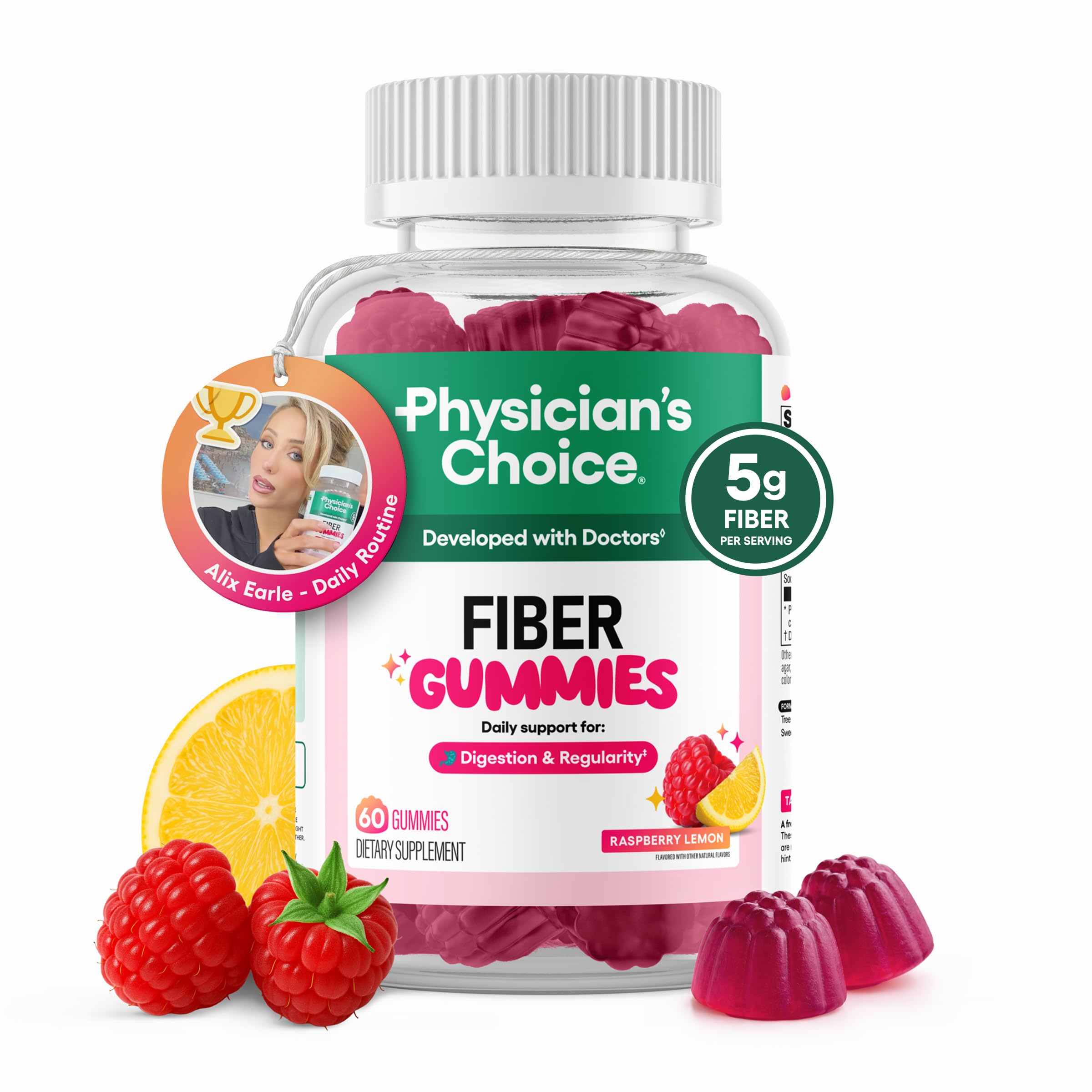 Physician's CHOICE Fiber Gummies for GLP-1 Support - No Sugar Added & Vegan - Raspberry Lemon - Natural Chicory Root Prebiotic Fiber Gummy - Digestive Health & Regularity for Women & Men - 60CT