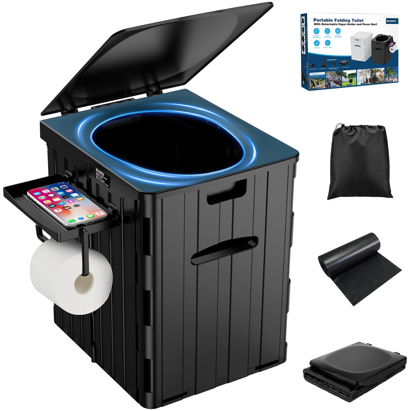 WADEO XXXL Portable Toilet, [Max to 181 KG] [Bigger Seat] with Lid & Phone + Toilet Roll Holder, Foldable Potty for Adults, Perfect for Camping, Travel, Fishing, Car, Home, Emergency