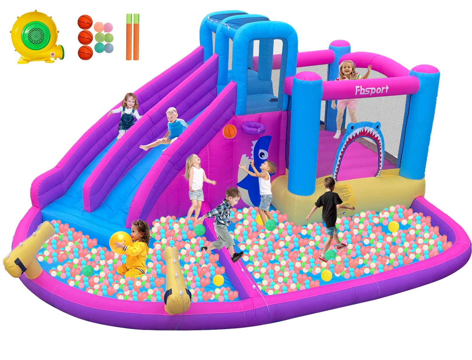 Photo 1 of Inflatable Bounce House Water Slide Park, Double Slide Bouncer Castle with Climbing Wall, Bouncy Castle with 550W Air Blower for Indoor Outdoor Play Backyard