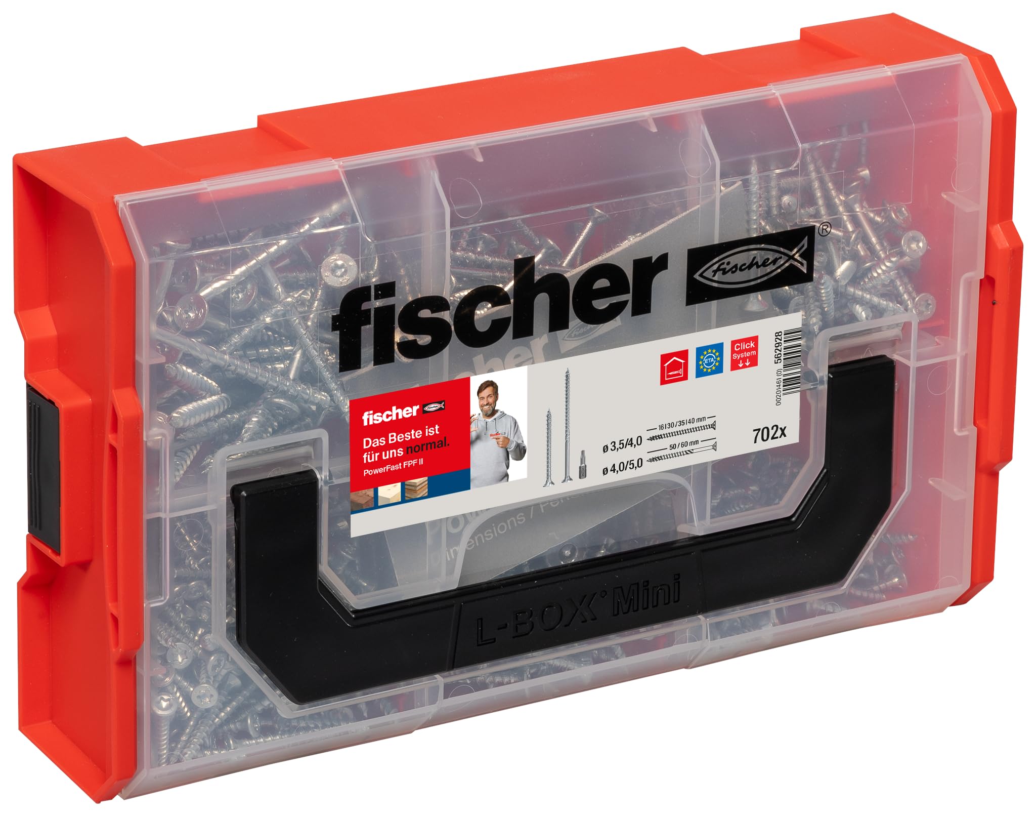 fischer FixTainer PowerFast II Chipboard Screw, Presorted Assortment Box with 700 Screws and 2 Bits, Countersunk Head, Partial Thread, Full Thread and TX Drive, Universal Fixing Kit