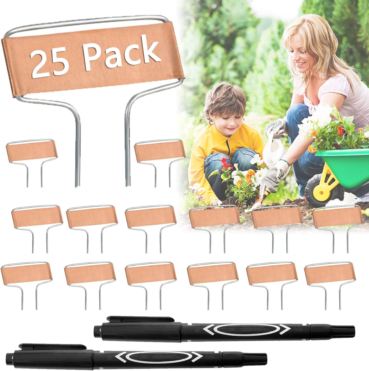 25 Pcs Plant Tags, Gardening Plant Markers with 2 Pack Marker Pens, Waterproof Copper Metal Garden Plant Labels Reusable Copper Plant Tags and Maker Pen for Vegetables Flowers Potted Plants