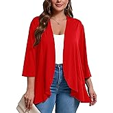 AusLook Women's Plus Size 3/4 Sleeves Lightweight Open Front Cardigan Draped Ruffles Shawls and Wraps Shrugs Kimono Jacket