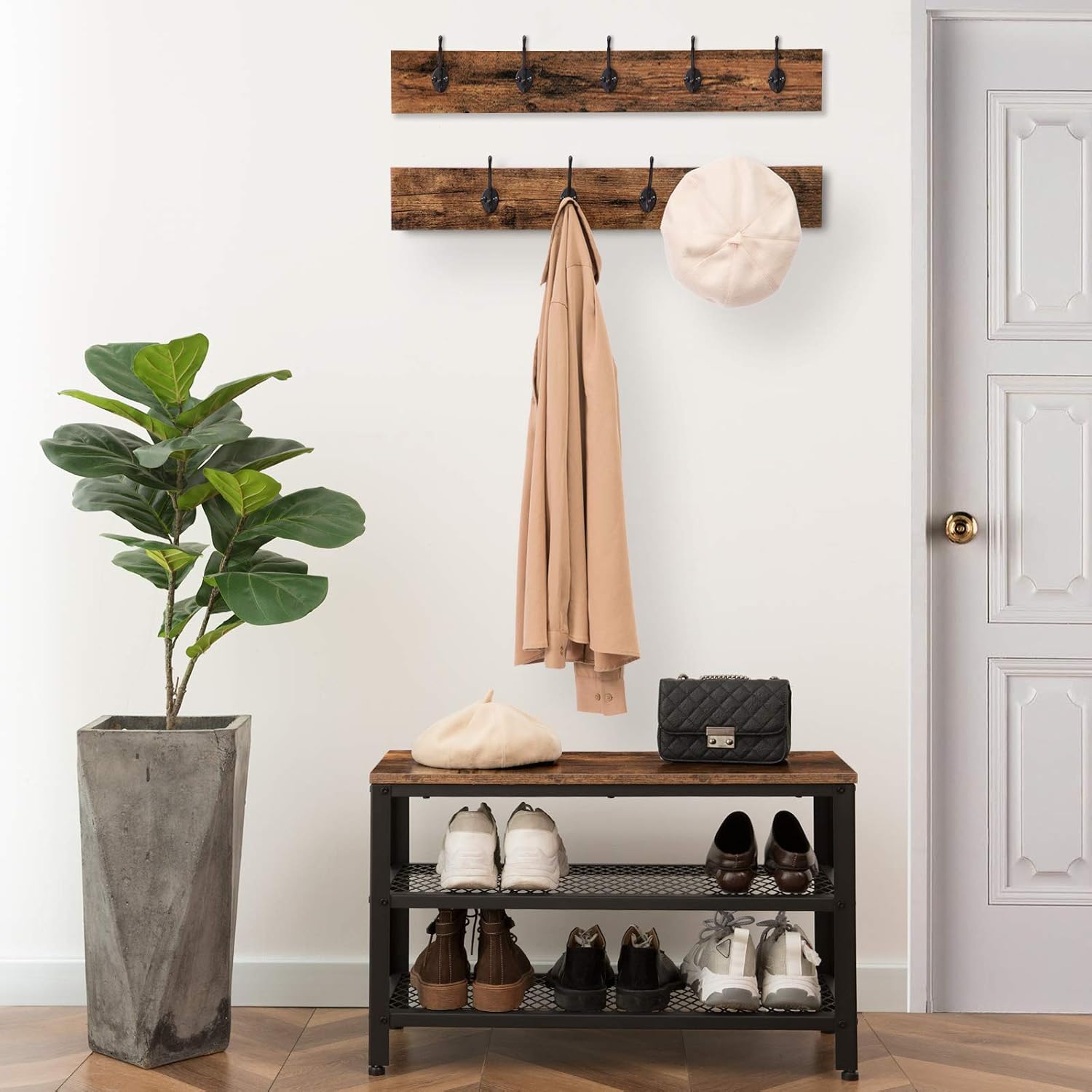 HOOBRO Shoe Rack with Coat Rack Hanger, Hall Tree, Coat Stand Bench Set including 9 Hooks and Shelf, Multifunctional - Image 3