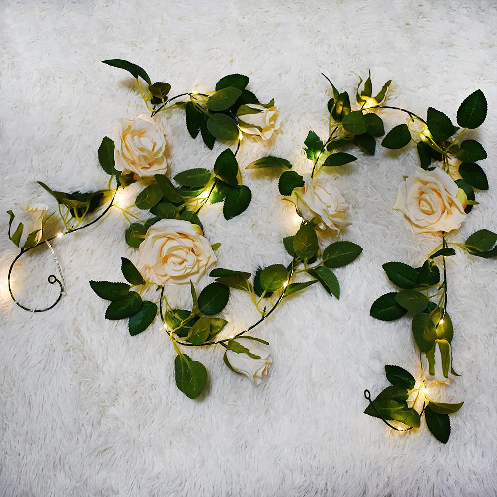 buywin Colorful Rose Fairy String Lights Artificial Flower Garland with LED Copper Light Strings, Rose Vine Lights Decor for Christmas Wedding Bouquets Party Home Window(Champagne) — image 1