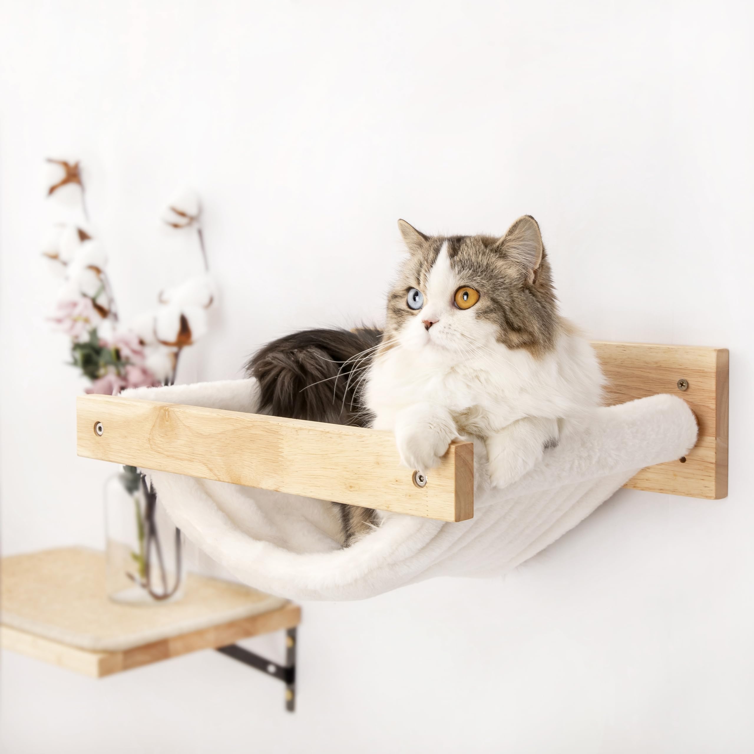 Fukumaru Cat Hammock - Wall Mounted Kitty Bed & Perch, Wooden Cat Wall Furniture, Stable Shelves for Sleeping, Playing, Climbing, Lounging - White Flannel