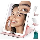 Mocado Travel Makeup Mirror with Light - 7x5 Inches Tripple Folding Travel Mirror with Light, 3 Colors Lighted Makeup Mirror, Portable Makeup Mirror, Freely Adjust Height and Angle(Rose Gold)