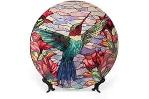 Gokays Decorative Plates, Watercolor Bird Stained Glass Print Ceramic Dinner Plate Home Wobble-Plate with Display Stand, Wall Hanging Decor for Kitchen Household 7 Inch, Gifts for Hummingbird Lovers