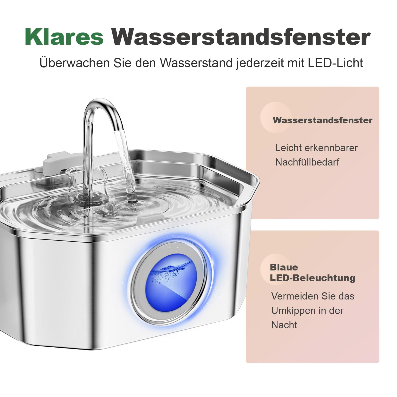 Apauk Katzenbrunnen, Trinkbrunnen für Katze, Trinkbrunnen Edelstahl, Ultraleiser Trinkbrunnen für Katze und kleine Hunde,mit LED-Fenster, S -3.2L Große Kapazität (A-2 Filter & 2 Schwämme) 5