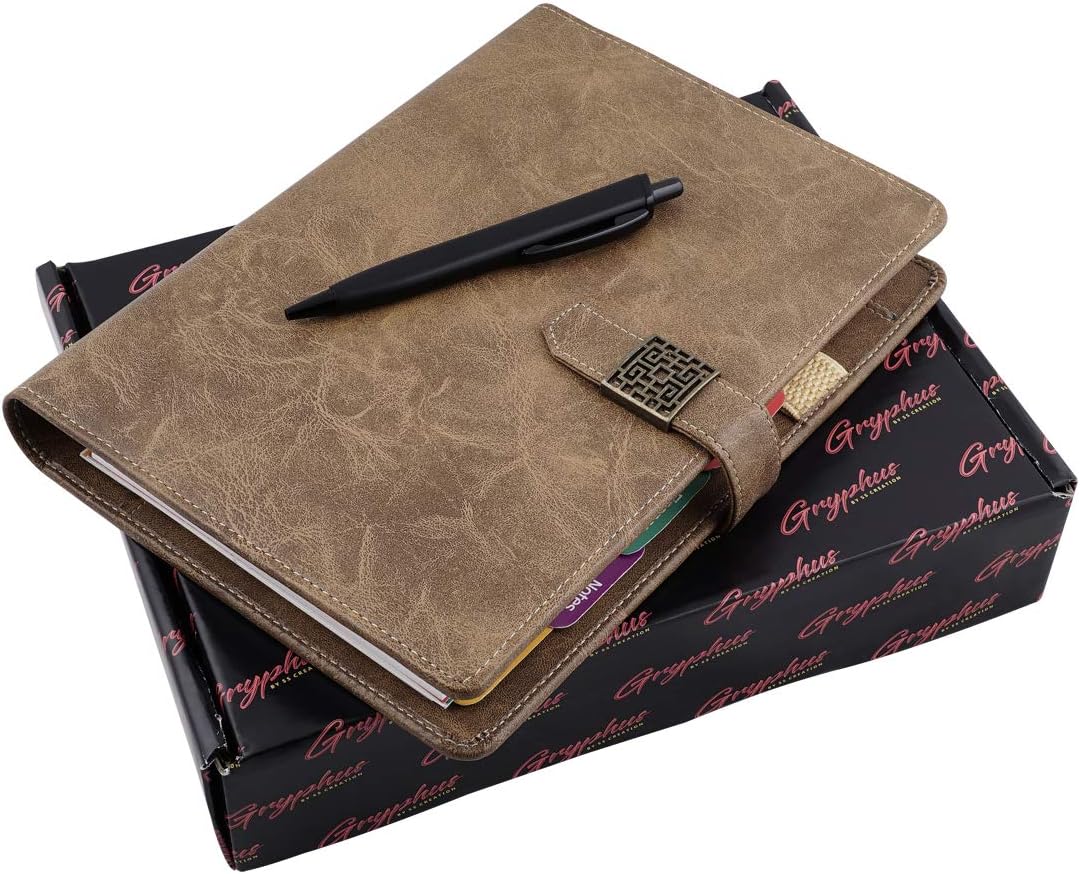 GRYPHUS Diary Brown Daily Organiser-2020/Designer Faux Leather Desk Table Planner, Multiple Pocket Card Holder, Gift for Brother and Sister with Pen.