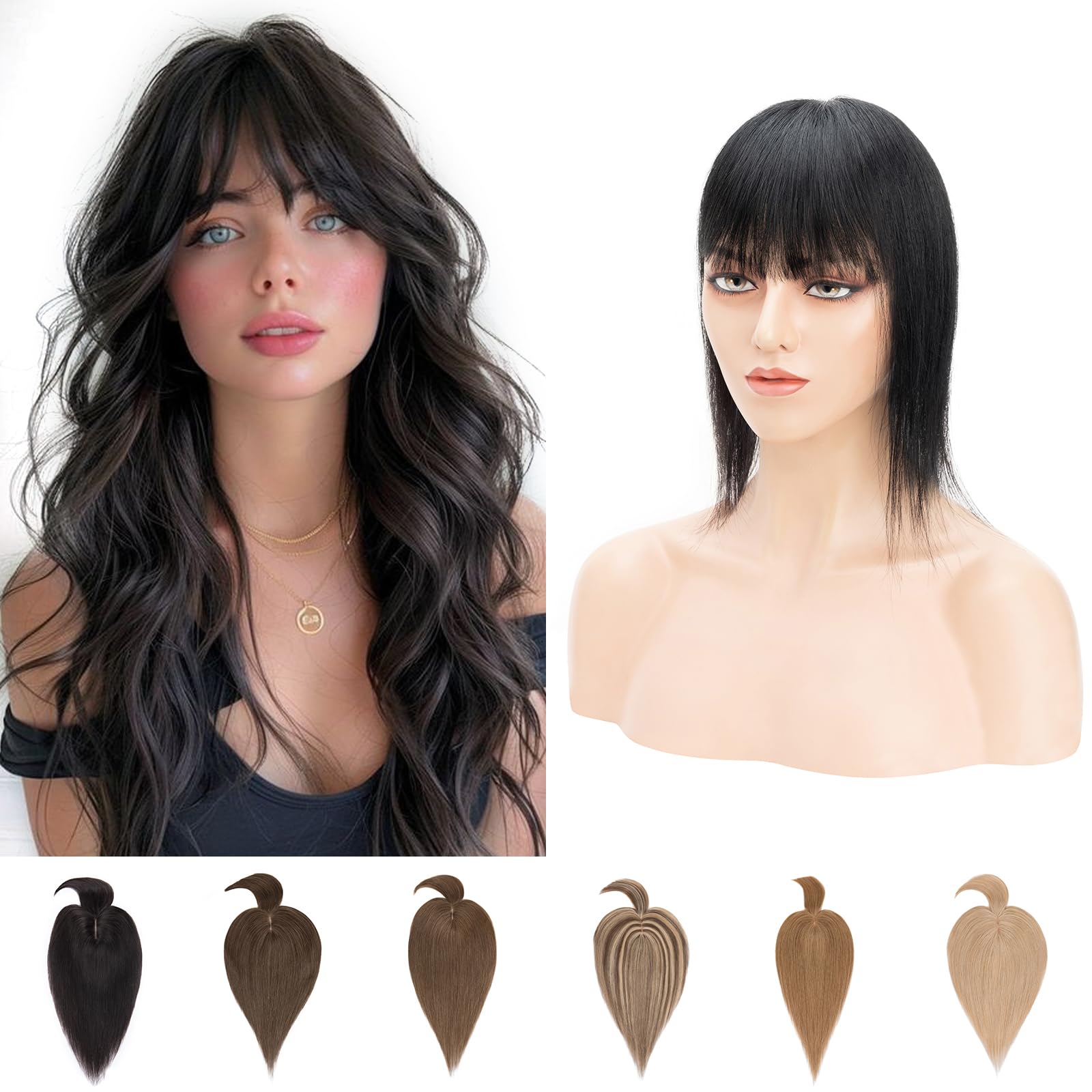 Silk-co Human Hair Toppers with Fringe for Thinning Hair Women Remy Real One Piece Clip in Hair Extension 150% Density 10inch #01 Jet Black