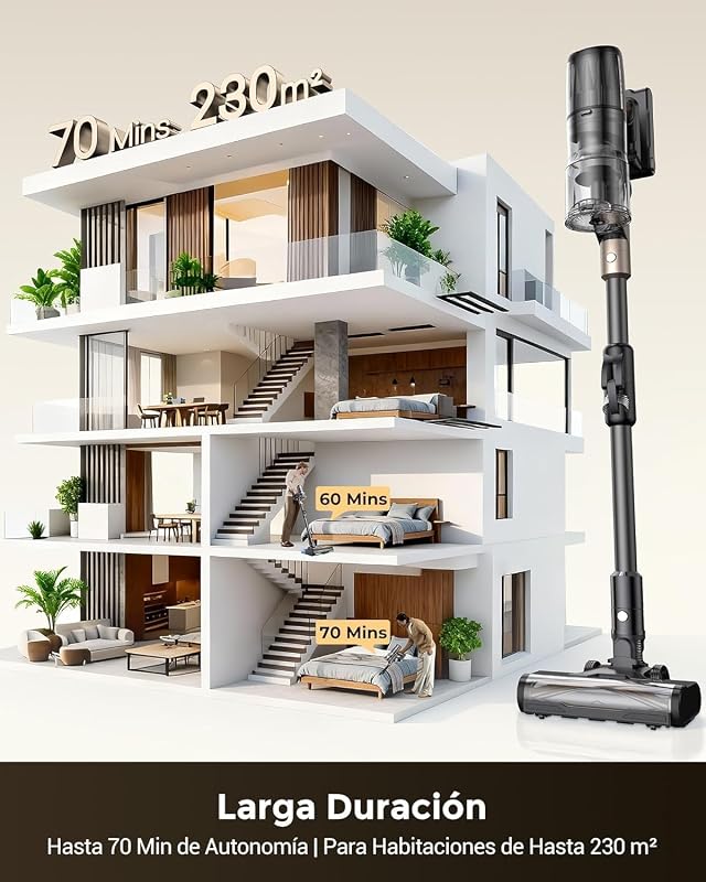 Aspiradora sin Cable 70Mins/70kPa/680W, Autoportante y Plegable, con Cepillo Anti-Enredo y Depósito de Agua, Escoba Aspiradora sin Cable para Pelo de Mascotas/Suelos/Alfombras