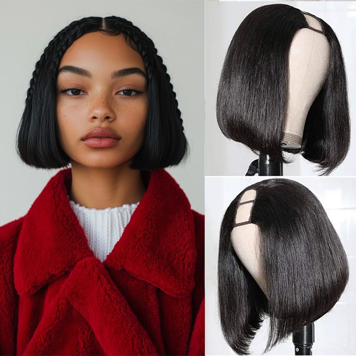 U Part Bob Wig for Women Human Hair Half Wig Easy to Wear For Daily Wear Vacation Ready Natural Black Color Protect Hairline with Scalp 150% Density 10 Inch