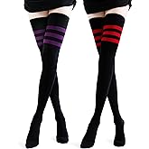 Kayhoma Extra Long Cotton Stripe Thigh High Socks Over the Knee High Plus Size Stockings…