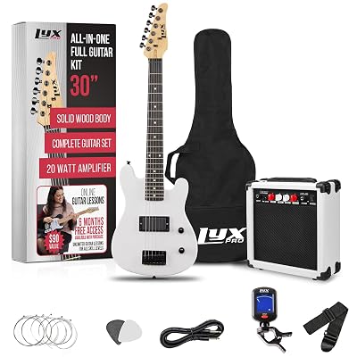 LyxPro 30 Inch Electric Guitar and Starter Kit for Kids with 3/4 Size Beginner’s Guitar, Amp, Six Strings, Two Picks, Shoulder Strap, Digital Clip On Tuner, Guitar Cable and Soft Case Gig Bag - White