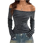 MakeMeChic Women's Striped Off The Shoulder Tops Long Sleeve Fitted Y2K T Shirt Top