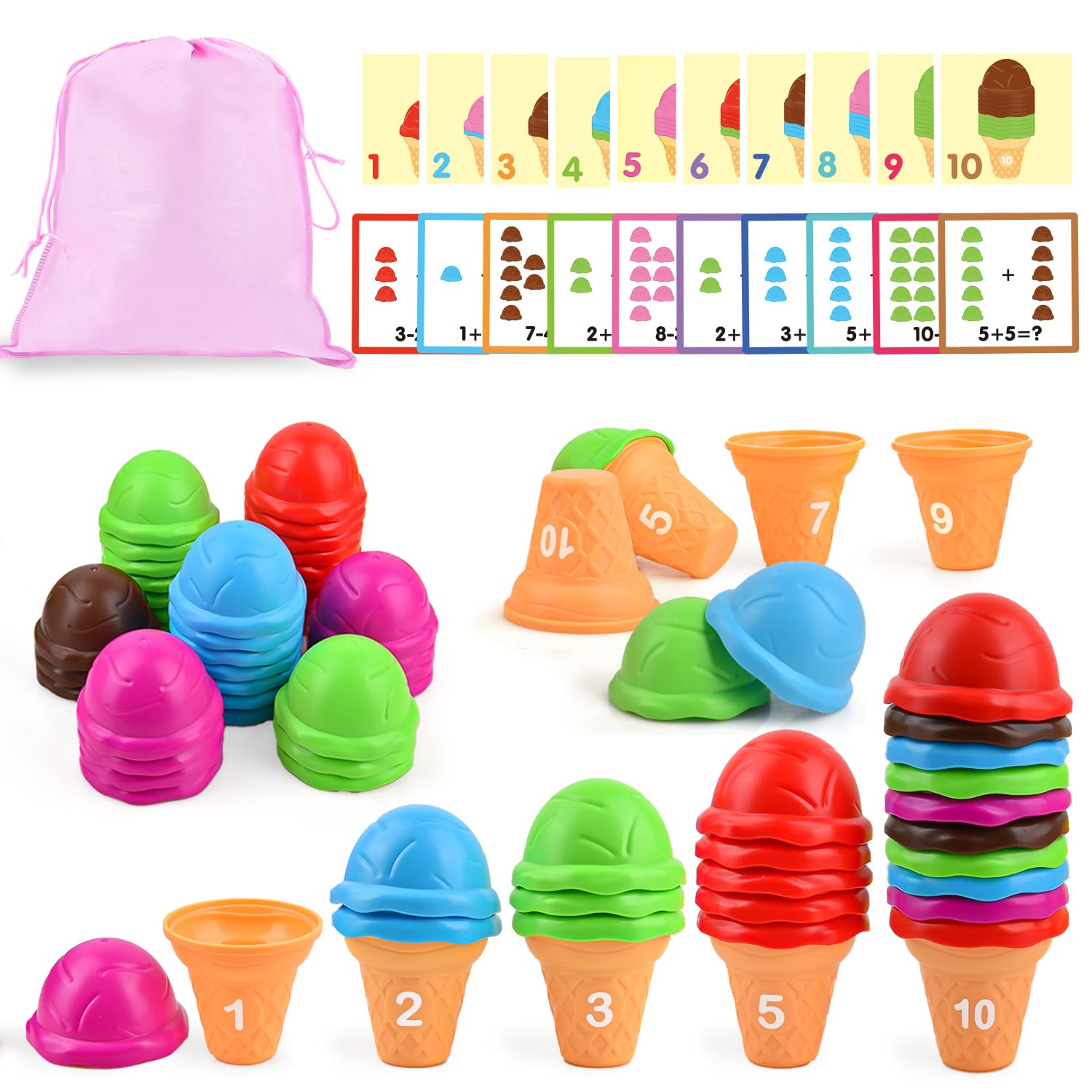 Ice Cream Counting and Color Sorting Stacking Toys for Kids Boys Girls EIS Spielzeug,Montessori Preschool Kindergarten Learning Activities Fine Motor Skill Toys, Number Math Games Learning Toy Gifts