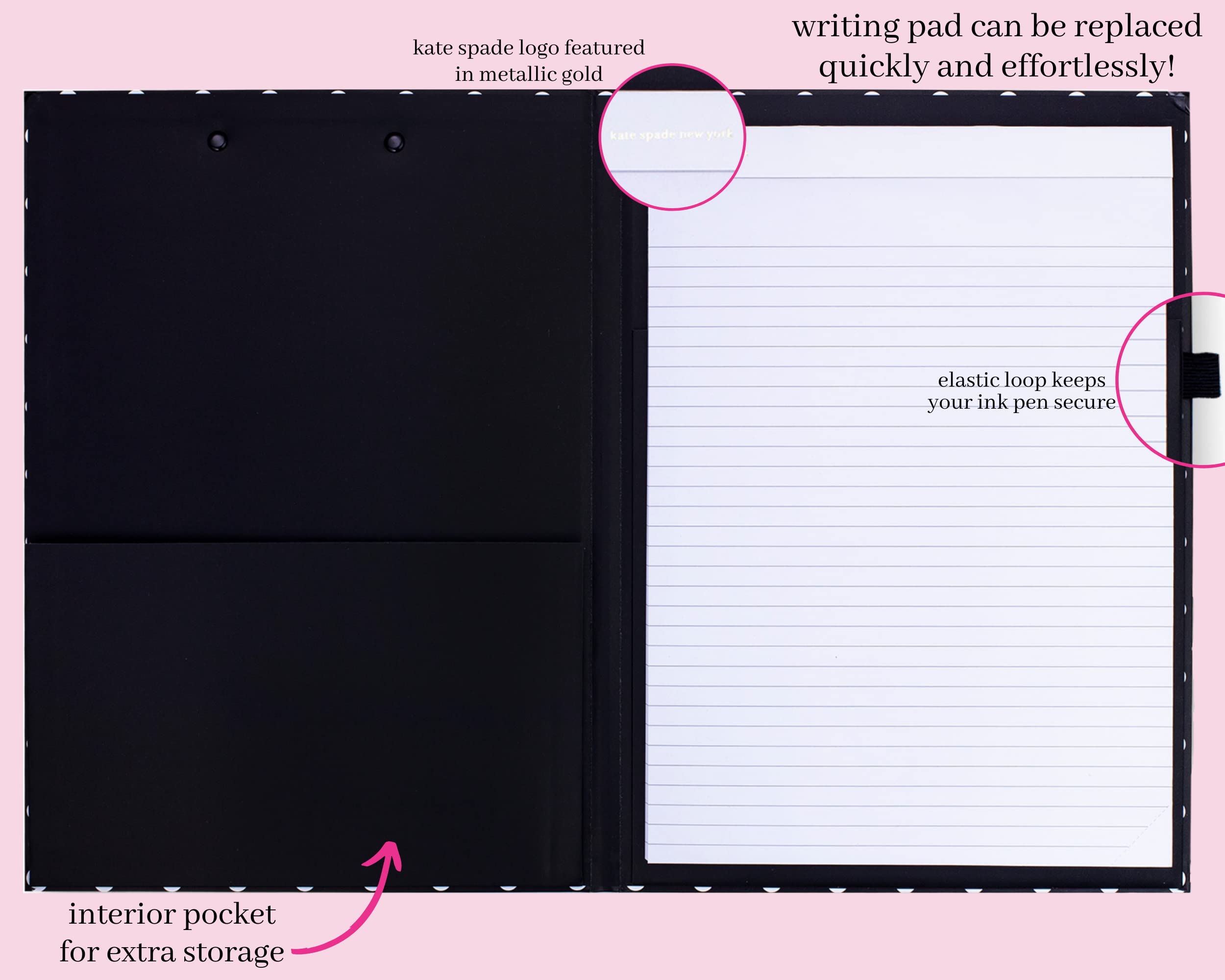 Kate Spade New York A4 Clipboard Folio with Low Profile Clip, Black Professional Padfolio Includes Lined Notepad, Pen Loop, and Pocket, Polka Dots